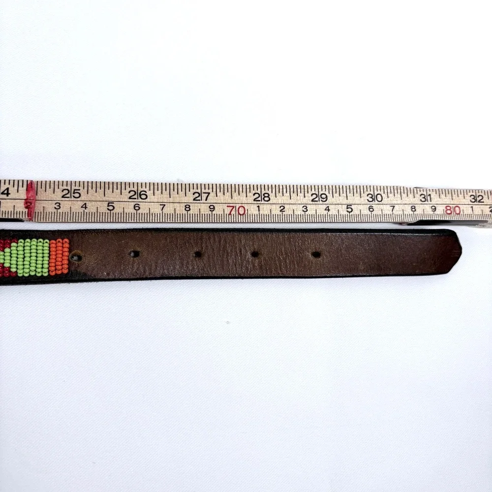 Handcrafted Beaded‎ Leather Belt Brown Colorful Tribal Geometric Brass Buckle 26
